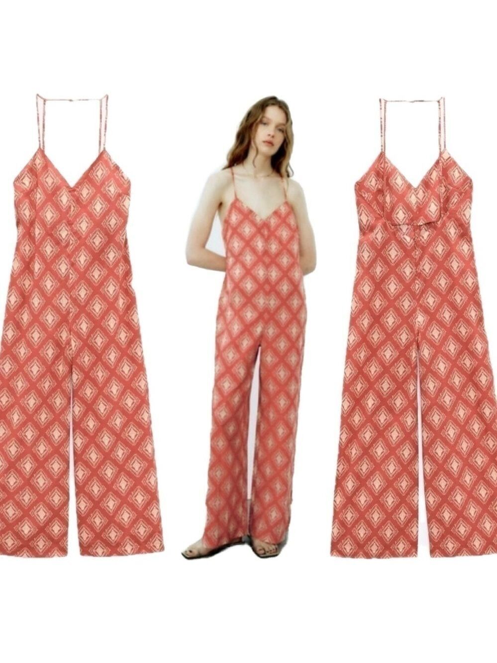 Zara red cream all over print spaghetti strap V-neck wide leg open back jumpsuit
